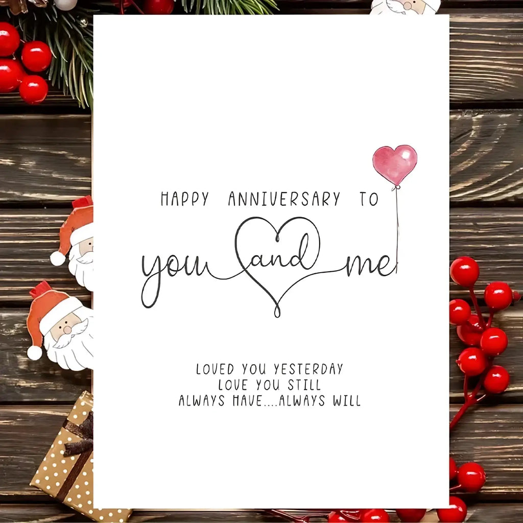 White anniversary greeting card with black cursive text and pink heart balloon illustration digital download