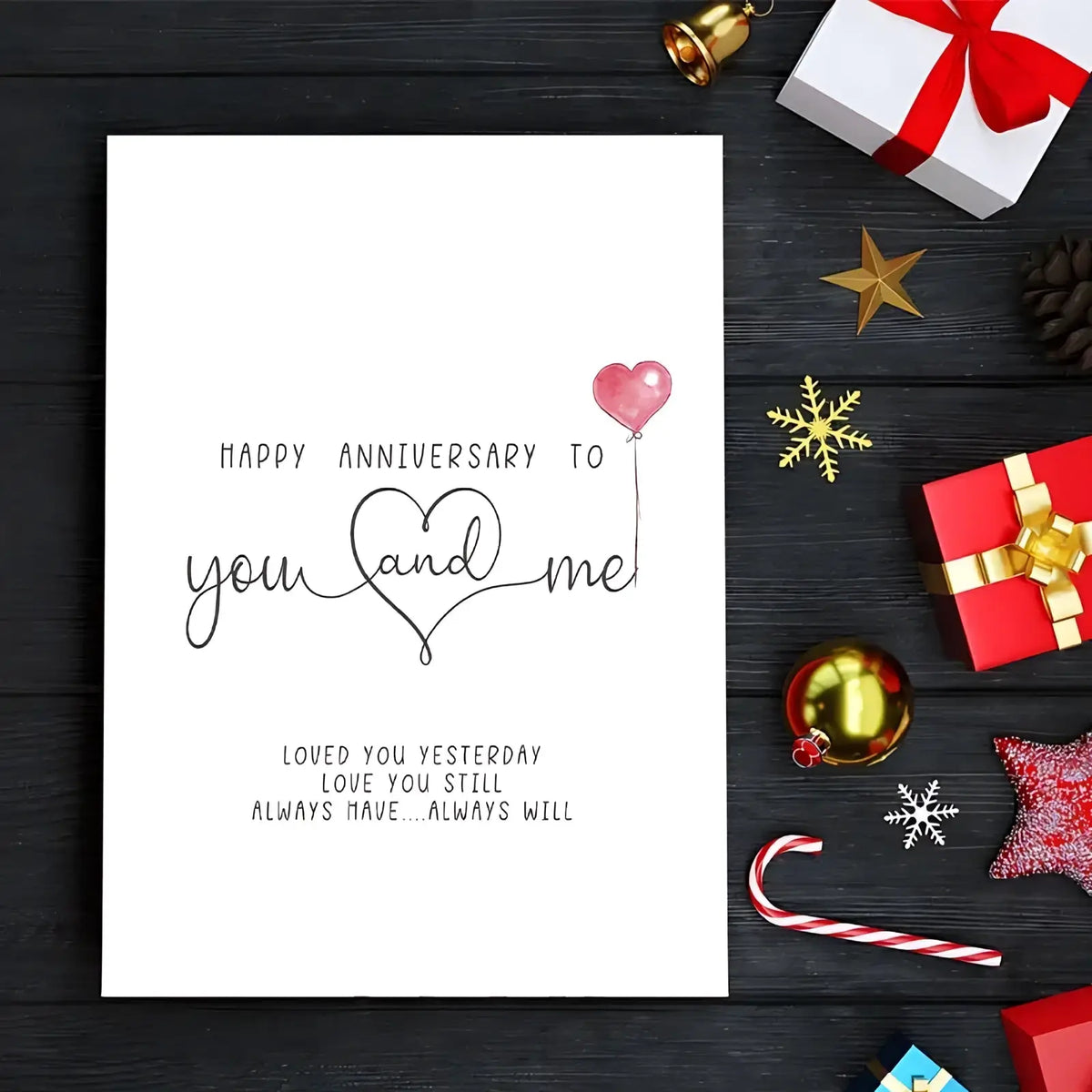 Anniversary greeting card with black cursive text and pink heart balloon illustration on white background digital download