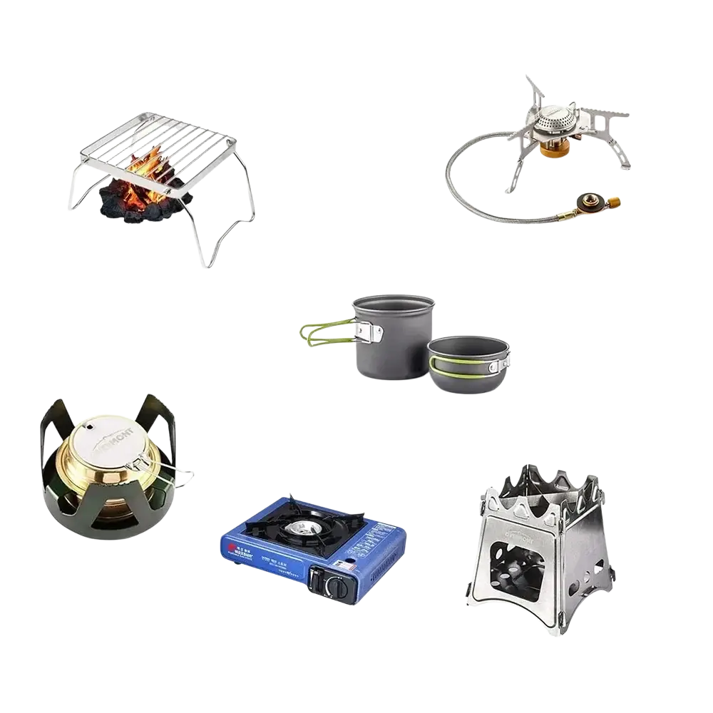 Gray anodized aluminum camping cookware set with lime green handles includes medium pot and mesh bag for storage