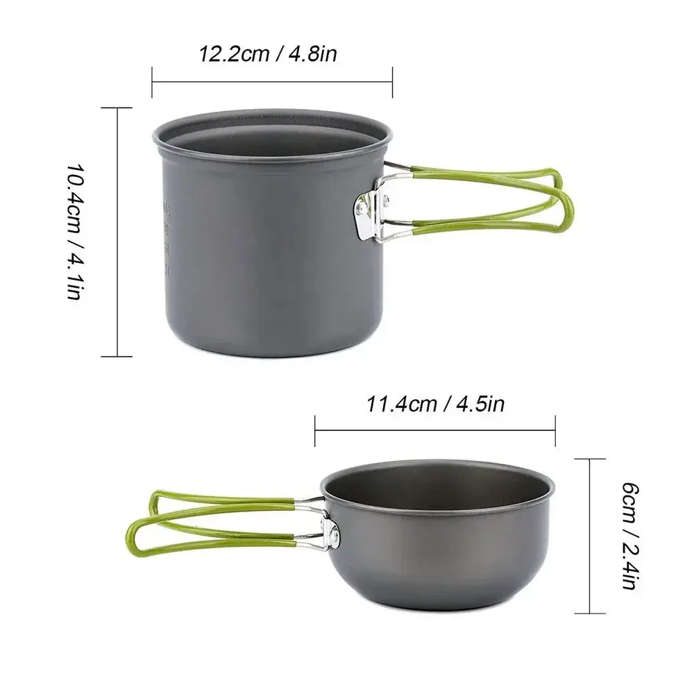 Gray anodized aluminum medium camping pot with lime green handle and silver clasp included in mesh bag set
