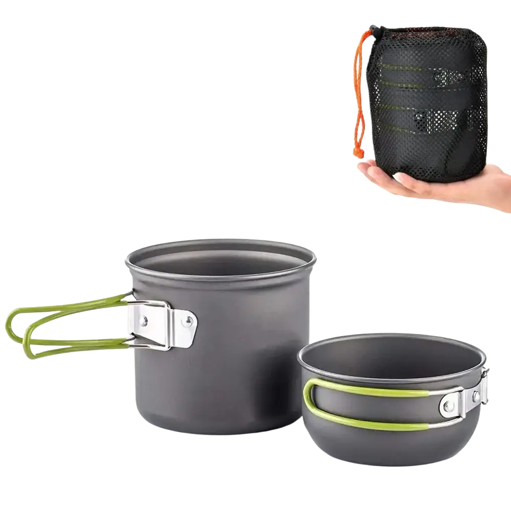 An anodized aluminum camping cookset with lime green silicone handles and silver clasps in a compact mesh bag
