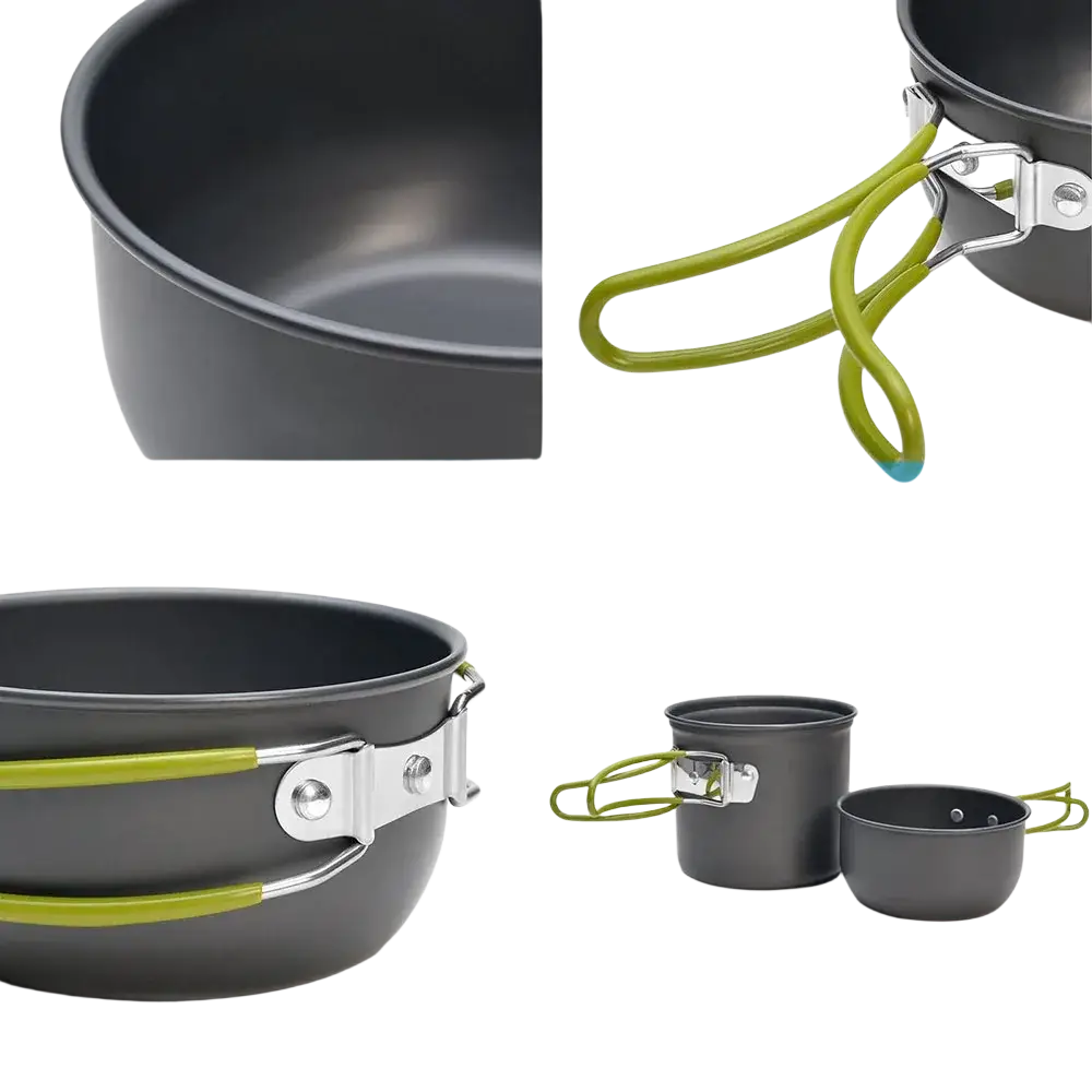 Set of three dark gray anodized aluminum pots with lime green insulated handles and silver clasps with mesh bag