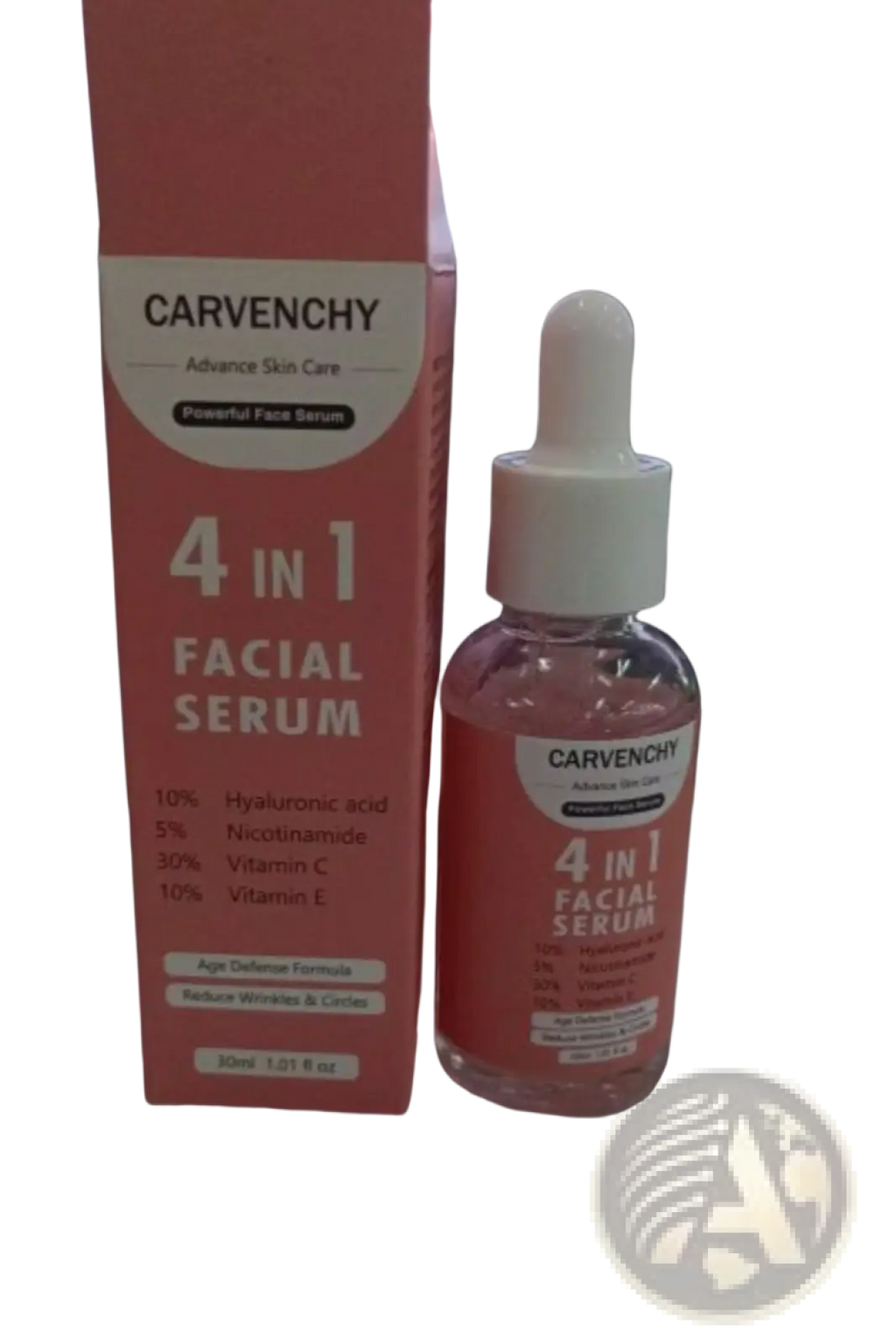 Carvenchy anti-aging facial serum 4-in-1 whitening essence in clear glass bottle with white dropper and pink box
