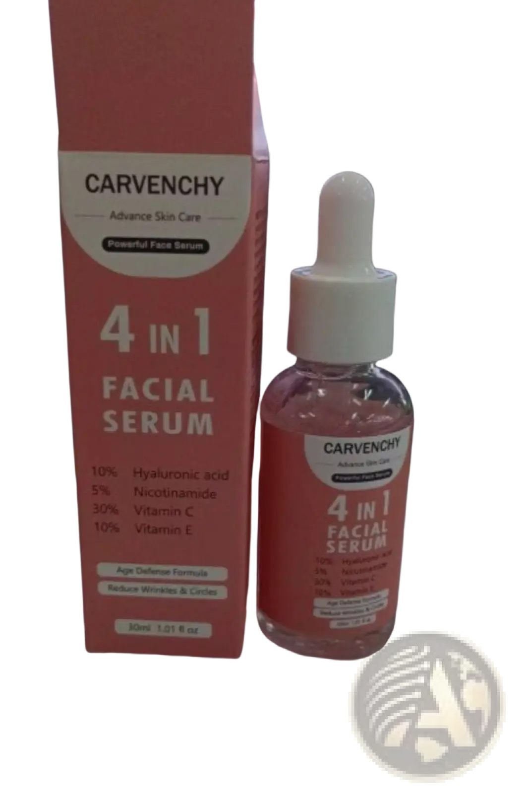 Carvenchy anti-aging facial serum 4-in-1 whitening essence in clear glass bottle with white dropper and pink box