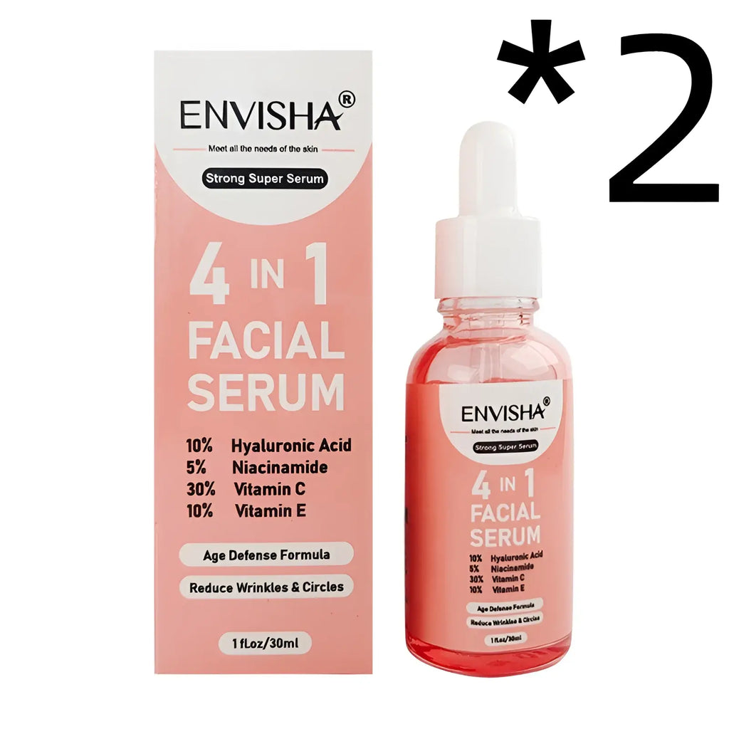 Pink glass bottle with white dropper cap containing clear envisha 4 in 1 anti-aging facial serum 30ml