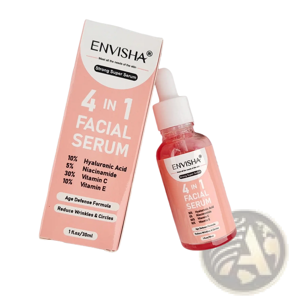 Pink glass bottle with white dropper cap containing translucent rose-colored anti-aging facial serum 4-in-1 whitening essence 30ml