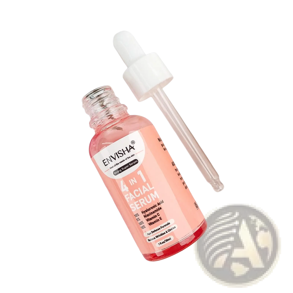 A clear glass bottle of envisha anti-aging facial serum 4 in 1 whitening essence with pink liquid and white dropper cap