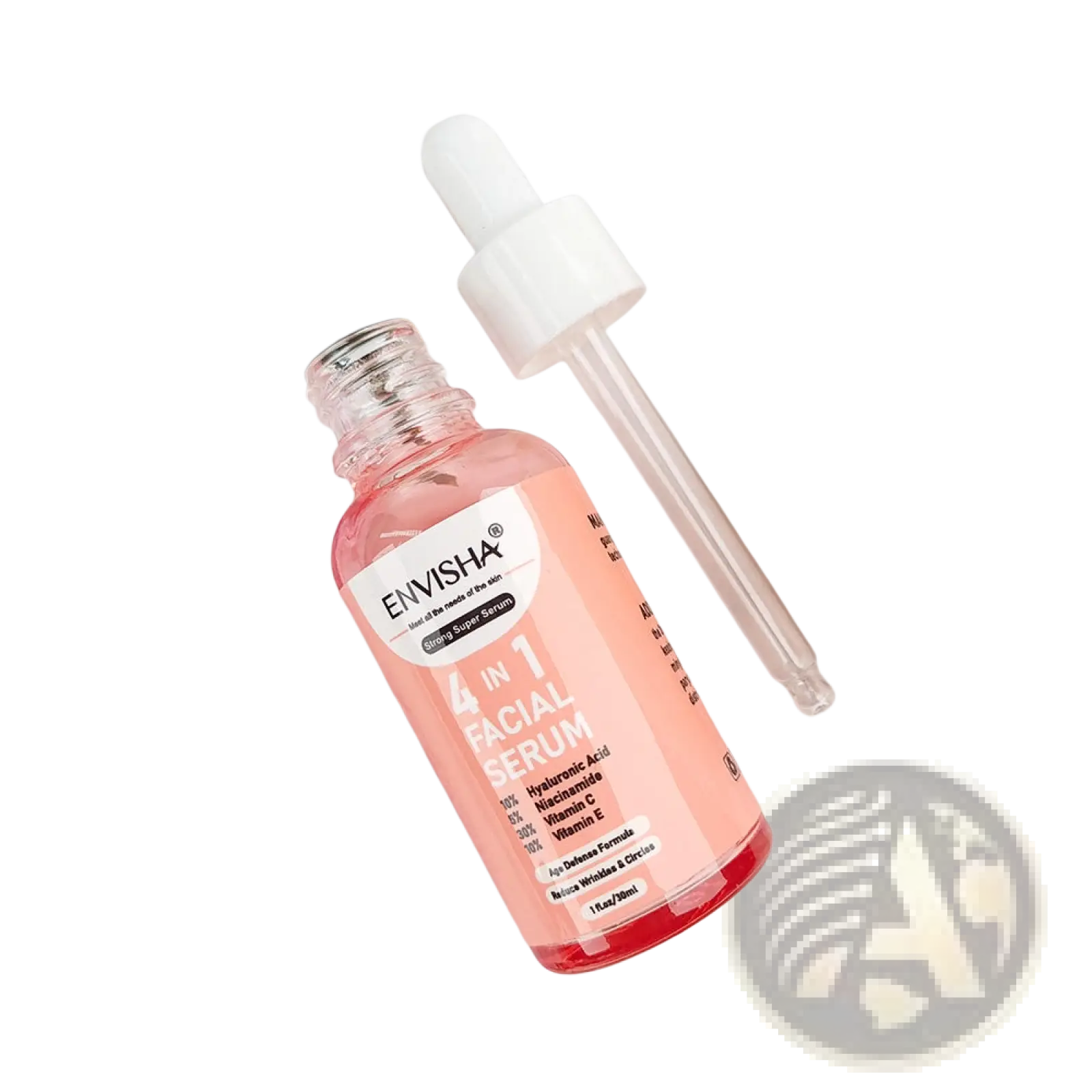 A clear glass bottle of envisha anti-aging facial serum 4 in 1 whitening essence with pink liquid and white dropper cap