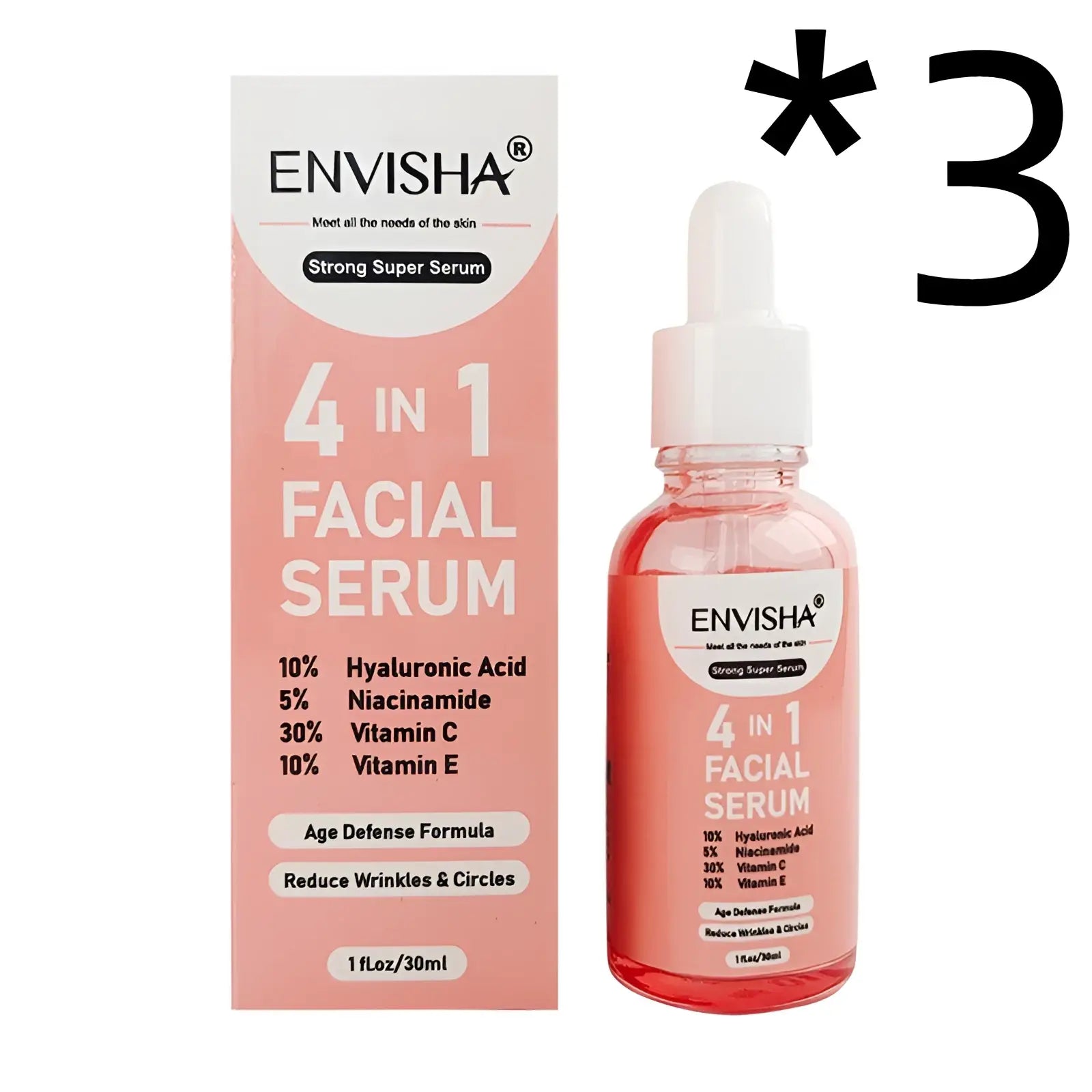 Pink glass bottle with white dropper cap and pink label containing translucent reddish anti-aging facial serum 4-in-1 whitening essence 30ml