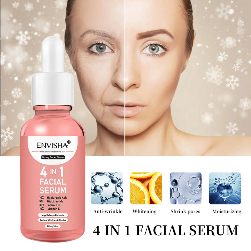 Pink glass bottle with white dropper cap labeled envisha 4 in 1 facial serum anti-aging whitening essence 30ml
