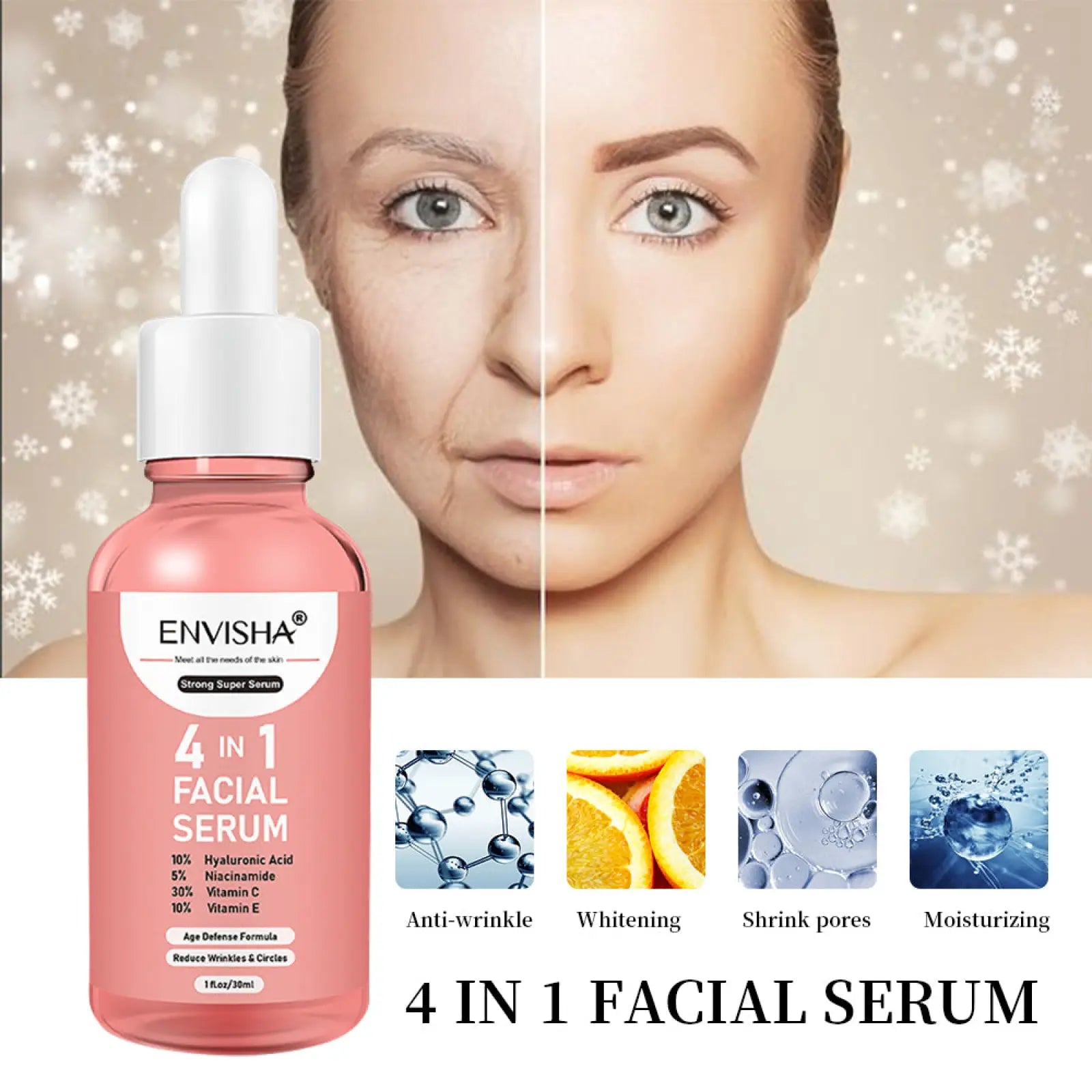 Pink glass bottle with white dropper cap labeled envisha 4 in 1 facial serum anti-aging whitening essence 30ml