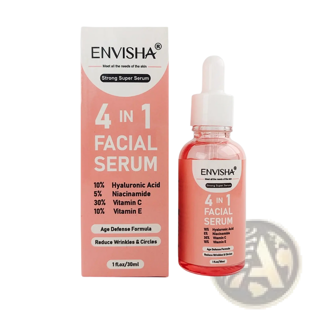 Pink glass bottle with white dropper cap and matching label containing translucent pink anti-aging facial serum next to box
