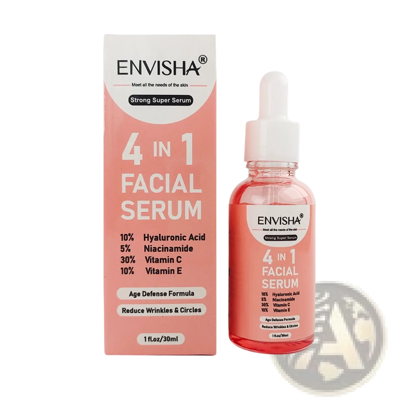 Pink glass bottle with white dropper cap and matching label containing translucent pink anti-aging facial serum next to box