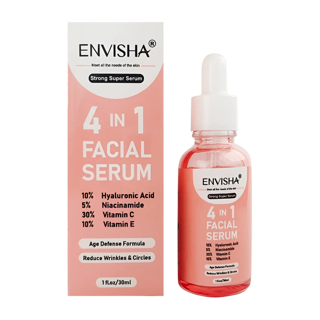 Pink glass bottle with white dropper and packaging of envisha 4 in 1 anti-aging facial serum 30ml whitening essence