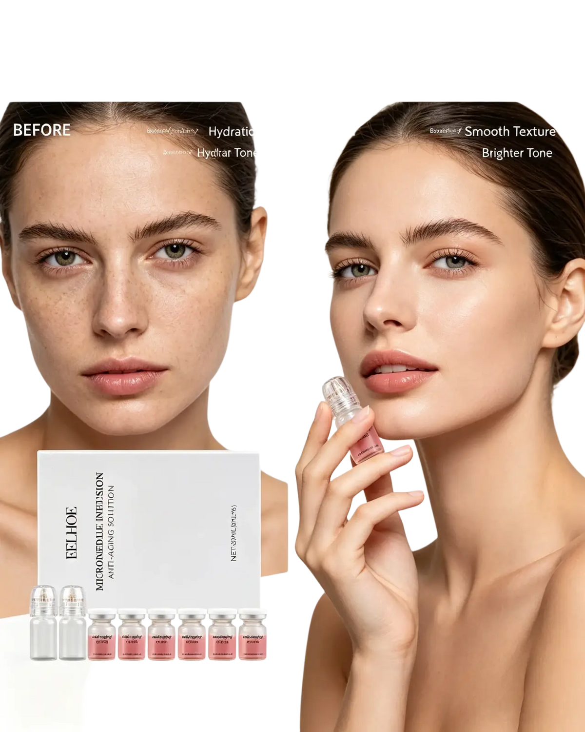 Pink glass serum vials in a white box labeled eelhoe microneedle infusion anti-aging solution kit for skin care