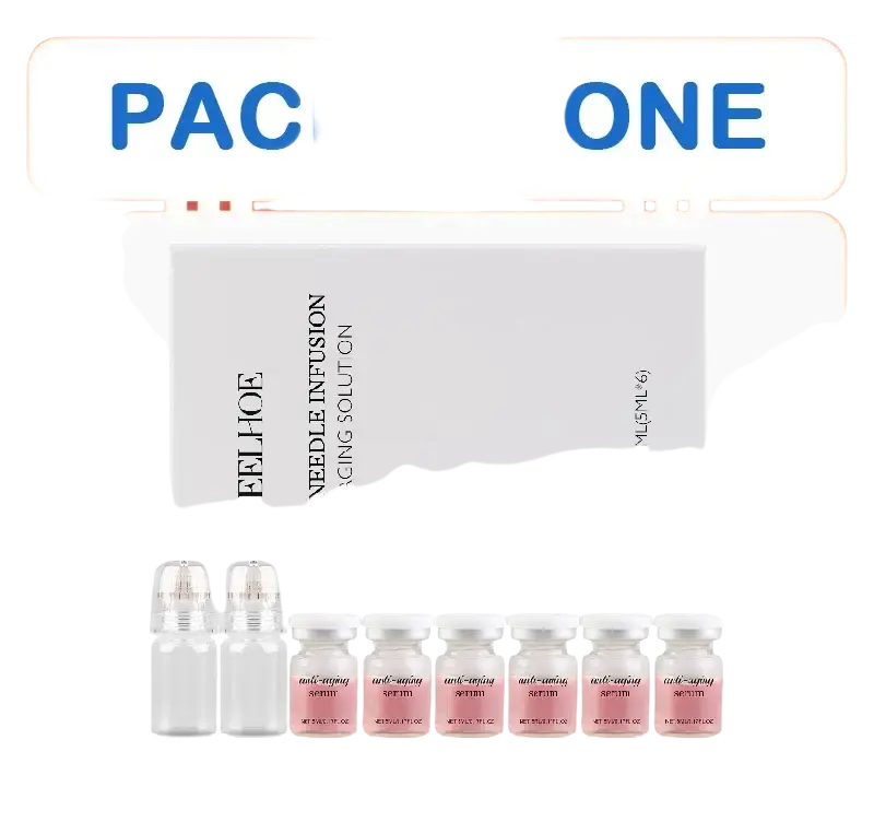 Set of eight clear glass vials with white caps and pink anti-aging serum by eelhoe in an anti-aging microneedle serum kit