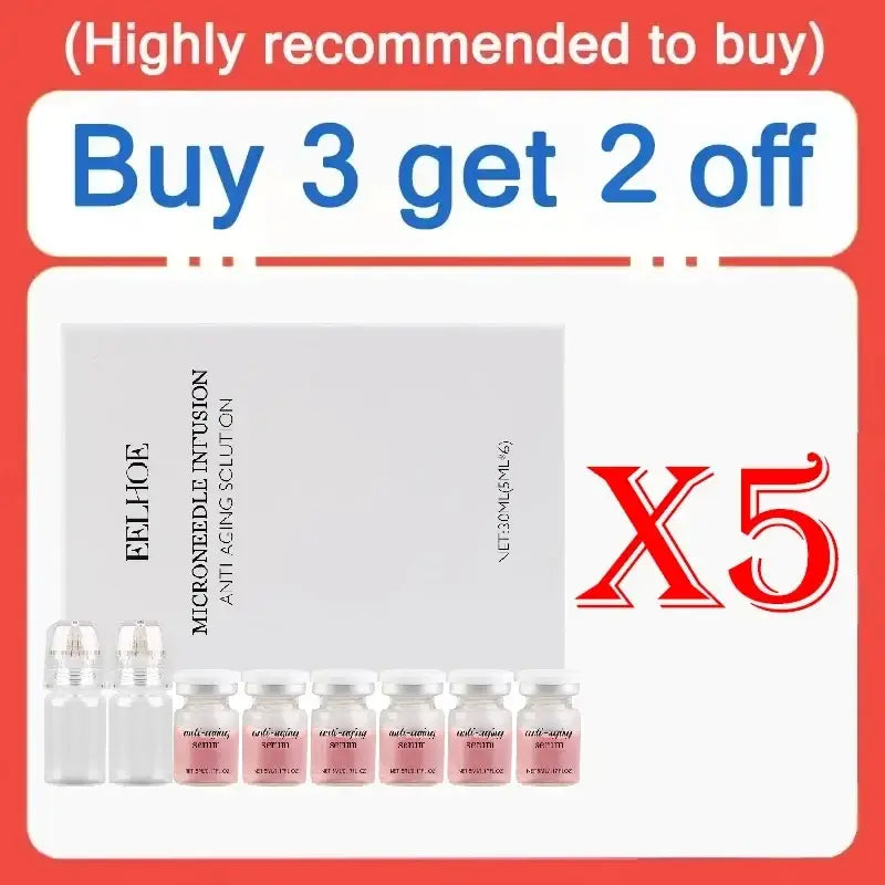 Set of five clear glass vials with pink anti-aging feelhoe microneedle infusion serum in two large and three small bottles