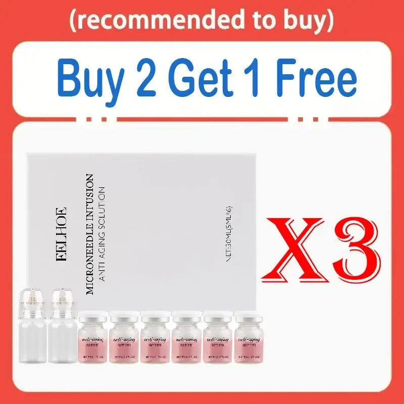 Set of six pink-tinted glass vials with white caps labeled anti-aging serum by feilhoe microneedle injection solution