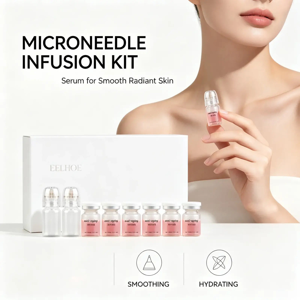 A sleek transparent glass vial with silver cap containing pink anti-aging microneedle serum liquid