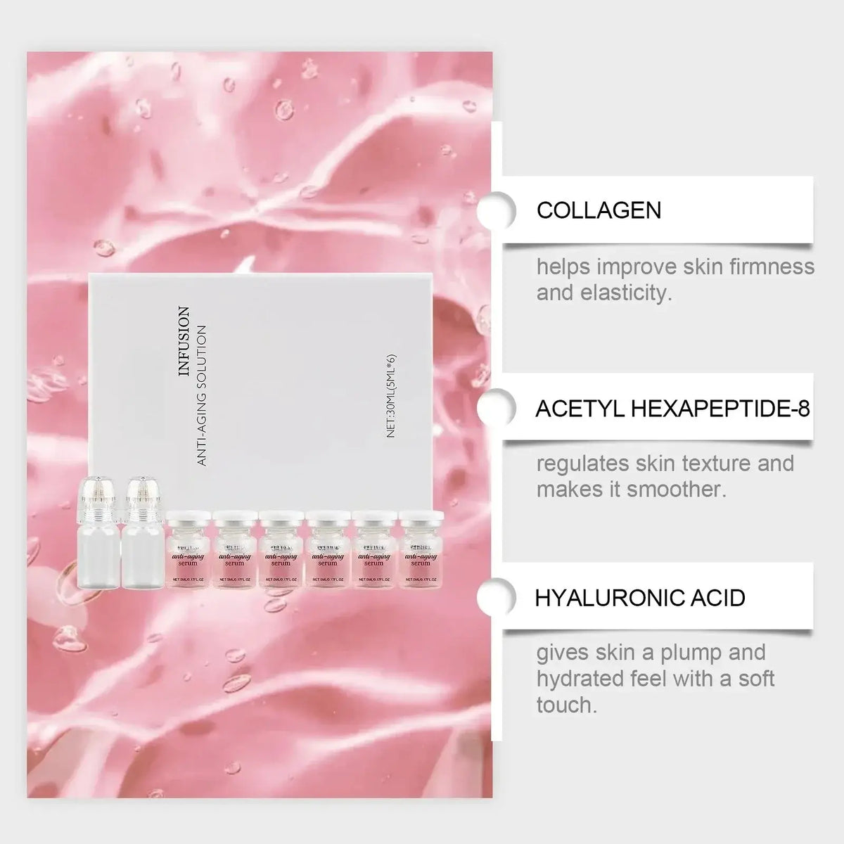 White rectangular box with infusion anti-aging solution text and six clear vials of pink labeled microneedle serum