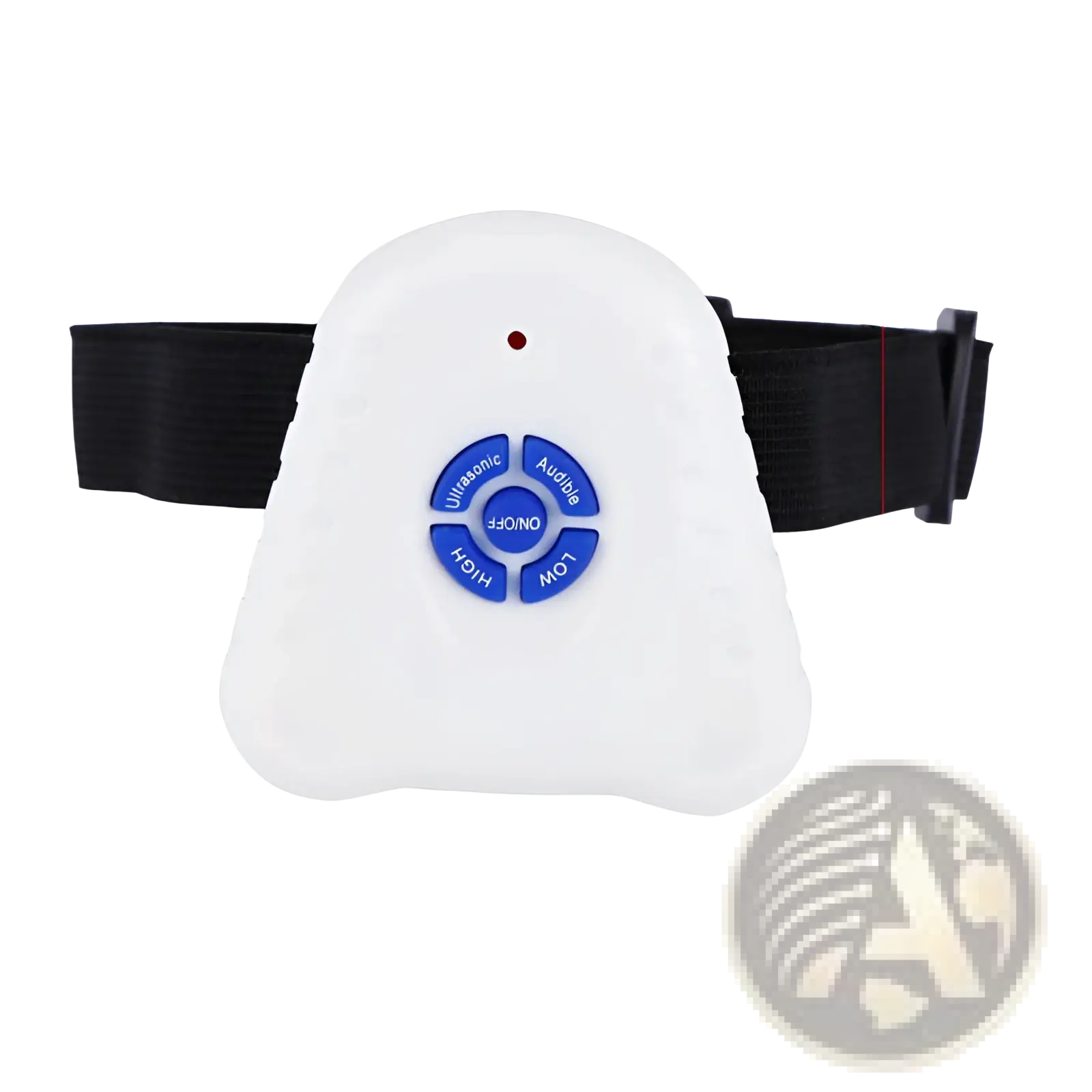 White plastic anti bark collar ultrasonic dog training stopper with blue control buttons and black adjustable strap