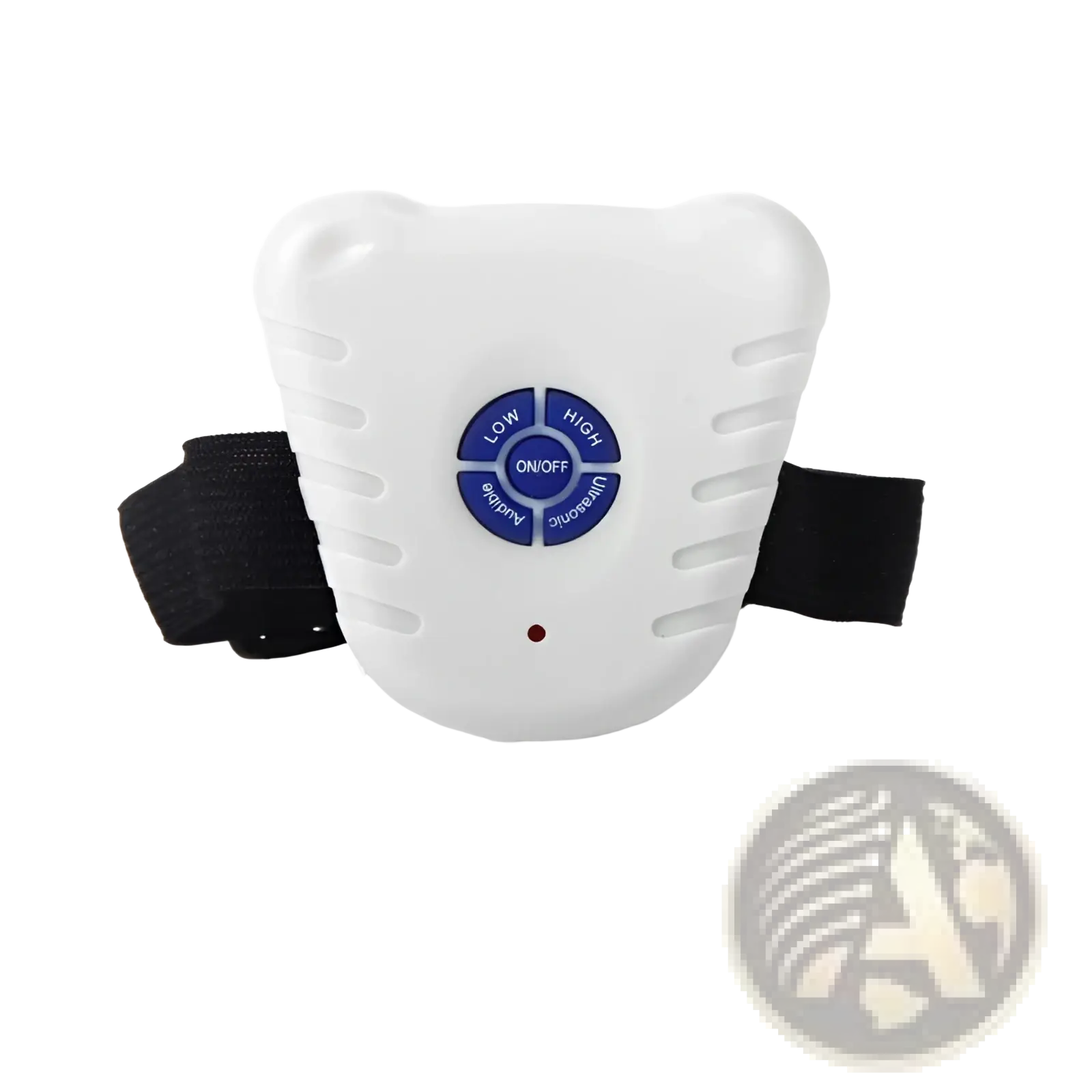 White plastic ultrasonic anti bark collar with black adjustable straps and a blue control panel for dog training