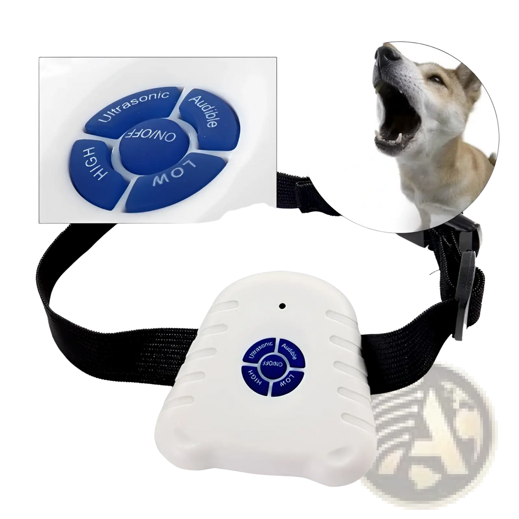 White plastic anti bark collar with blue control buttons for ultrasonic and audible dog training settings