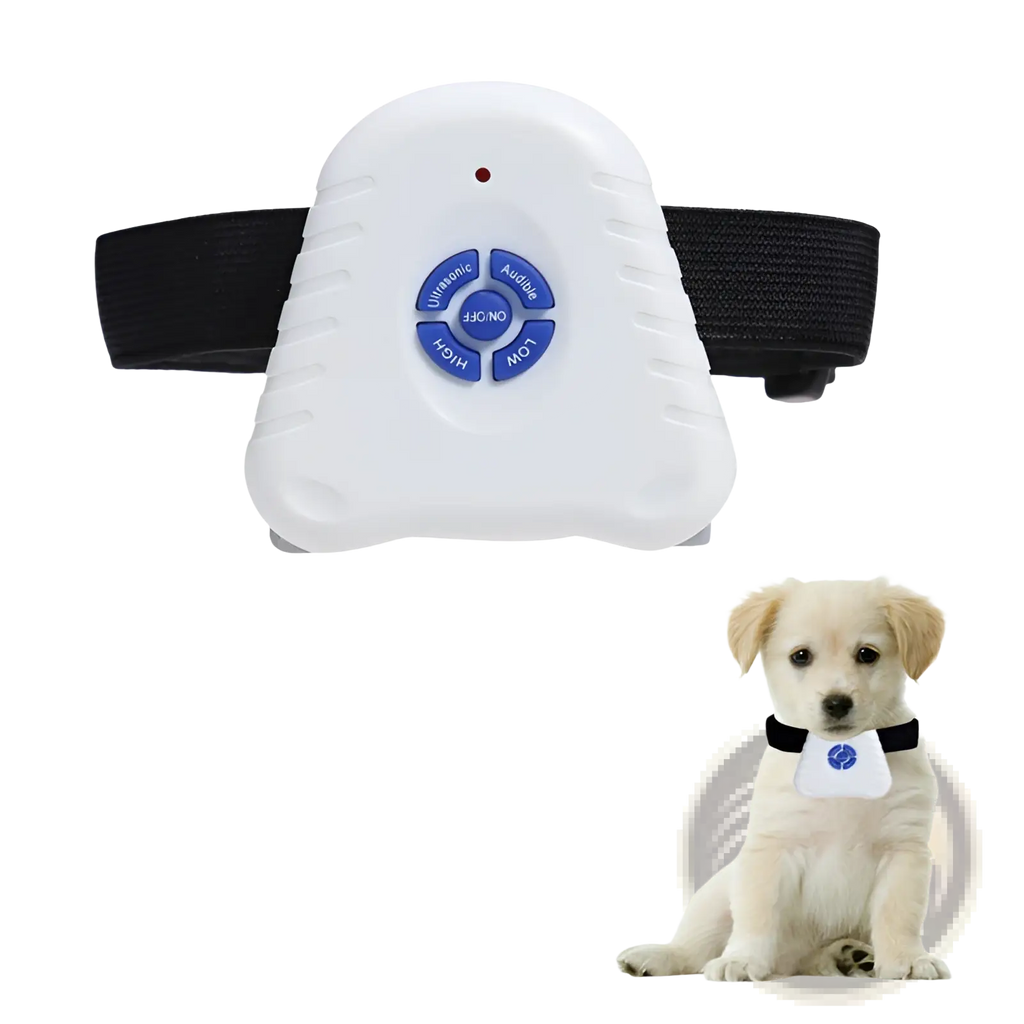 White plastic anti bark collar with blue control buttons and black adjustable strap for ultrasonic dog training stopper