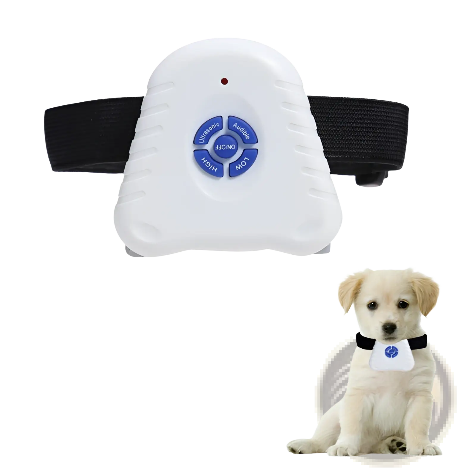 White plastic anti bark collar with blue control buttons and black adjustable strap for ultrasonic dog training stopper