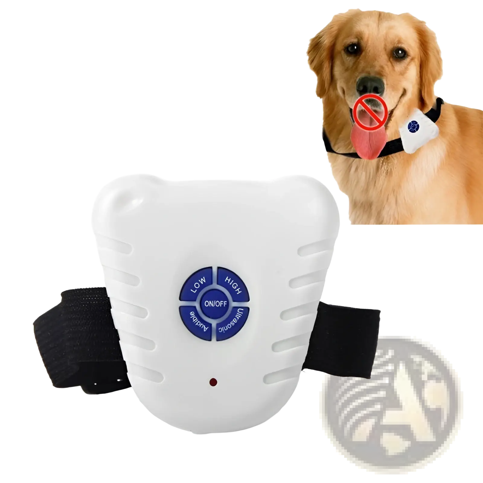 White plastic ultrasonic anti bark collar with black adjustable straps and blue control dial for dog training