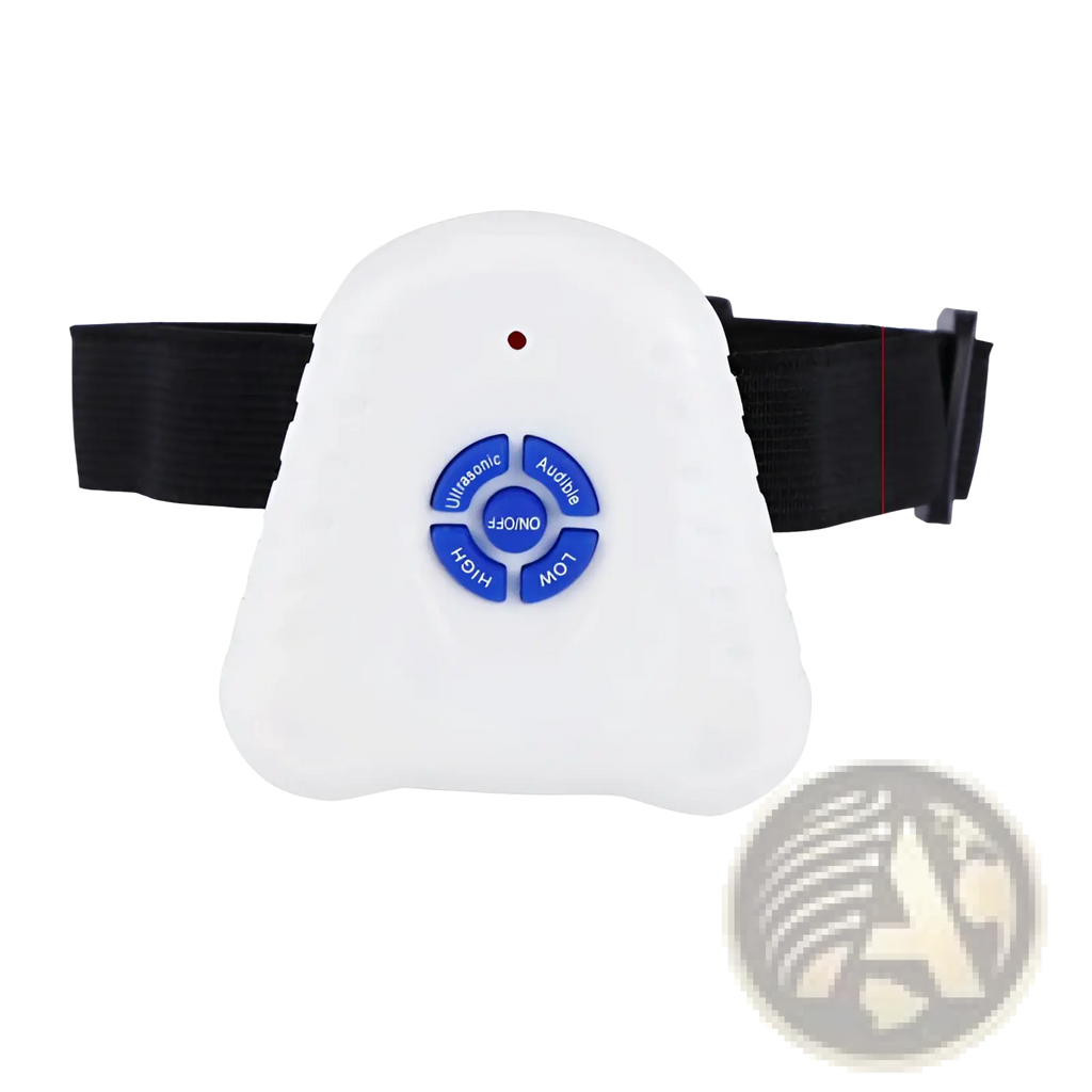 White plastic anti bark collar with blue circular control buttons and black adjustable strap for dog training