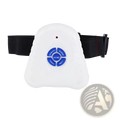 White plastic anti bark collar with blue circular control buttons and black adjustable strap for dog training