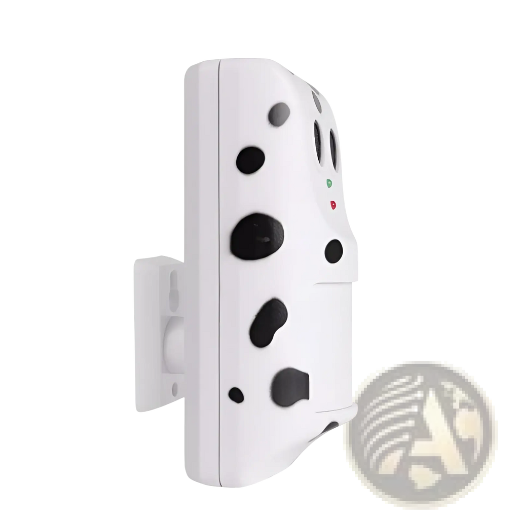 White plastic ultrasonic anti bark device with black dalmatian spots and three indicator lights for wall mounting