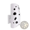 White plastic ultrasonic anti bark device with black dalmatian spots and three indicator lights for wall mounting