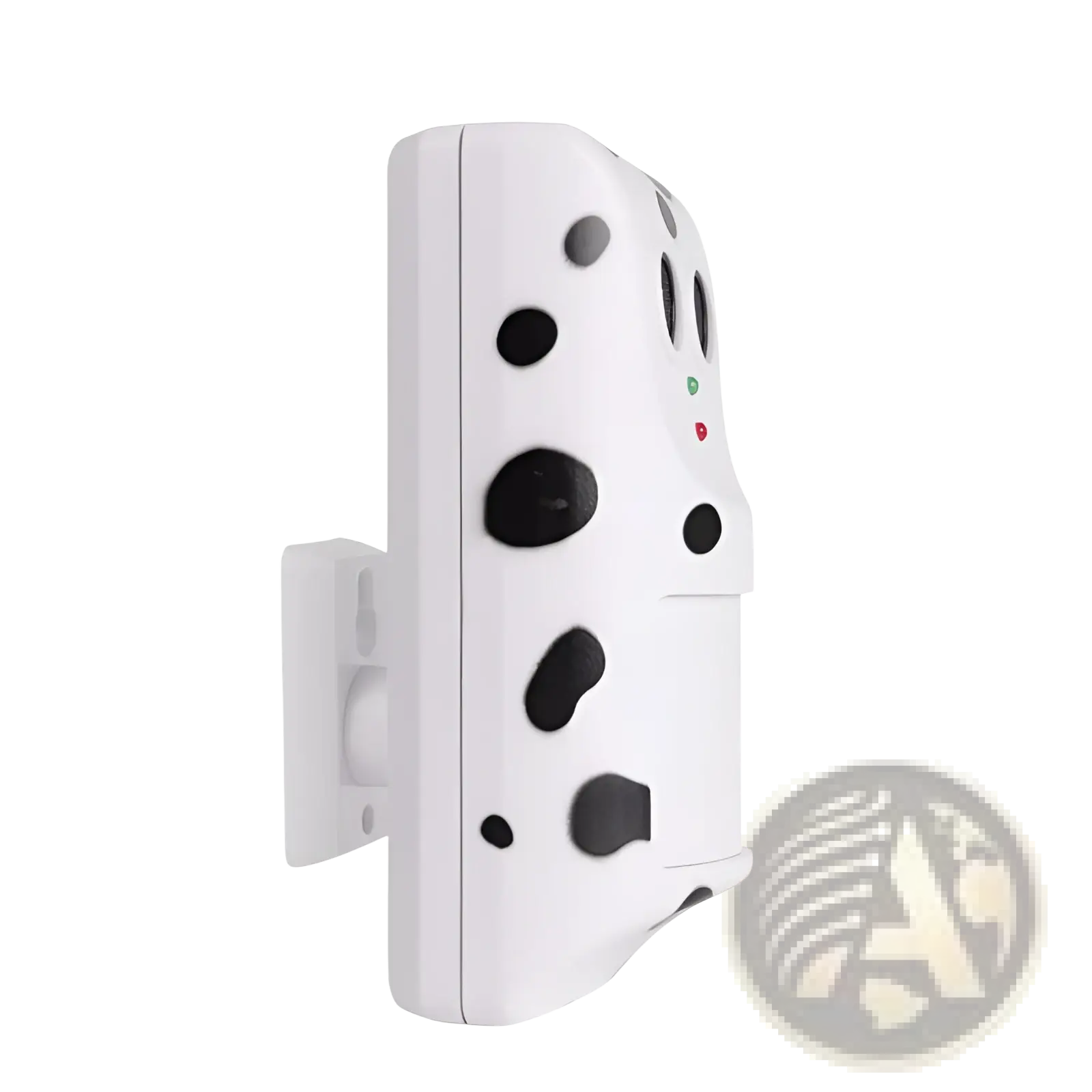 White plastic ultrasonic anti bark device with black dalmatian spots and three indicator lights for wall mounting