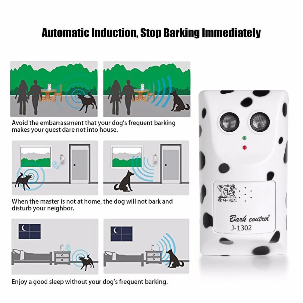 White and black spotted dog-themed ultrasonic wall mount anti bark device with two circular sensors for dog repelling