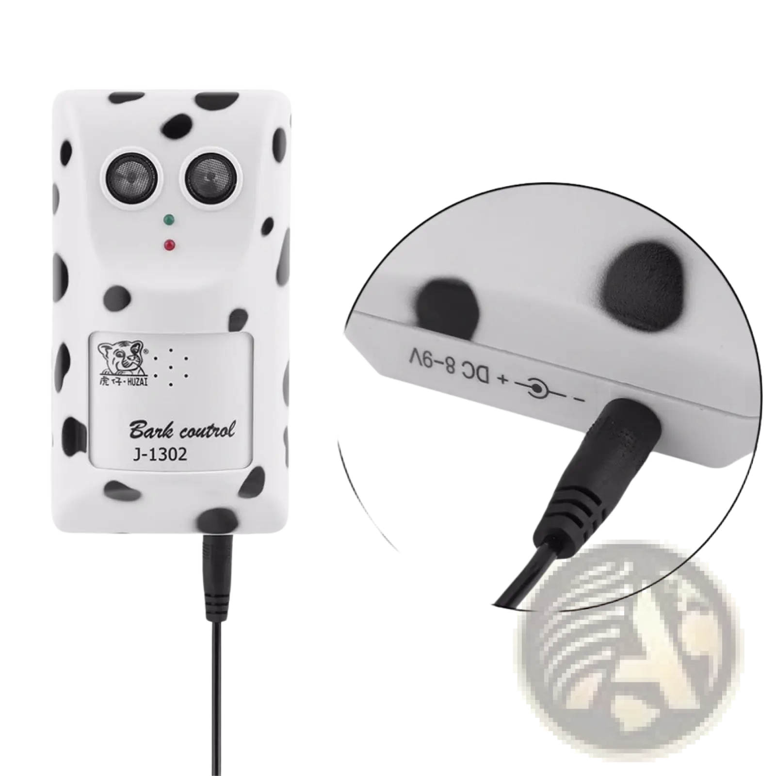 White dalmatian-patterned ultrasonic anti bark device with two circular sensors and black power cable for wall mounting