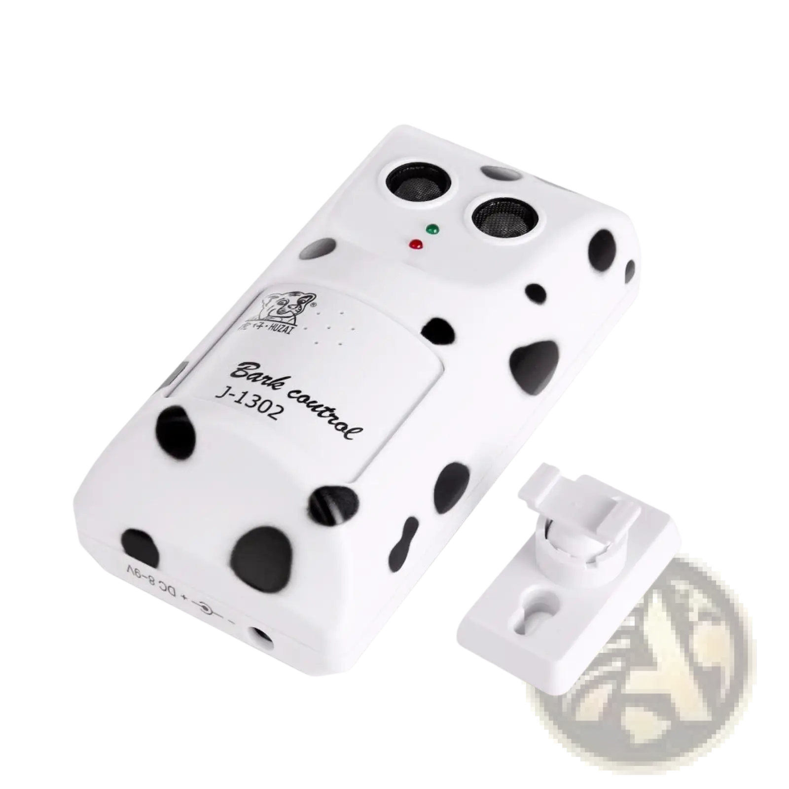 Anti bark device ultrasonic wall mount dog repeller with white dalmatian pattern and two circular sensors