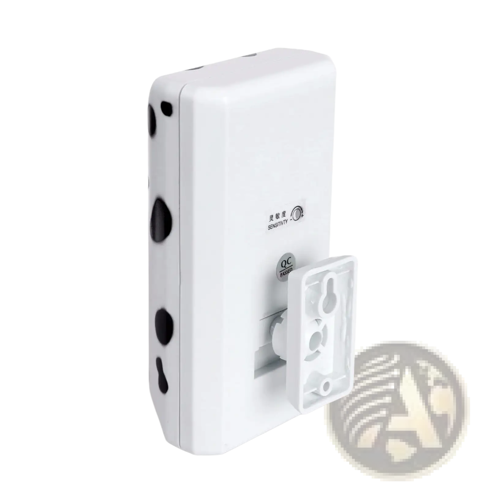 White plastic wall-mounted ultrasonic anti bark device with black circular sensor cutouts and detachable mounting bracket