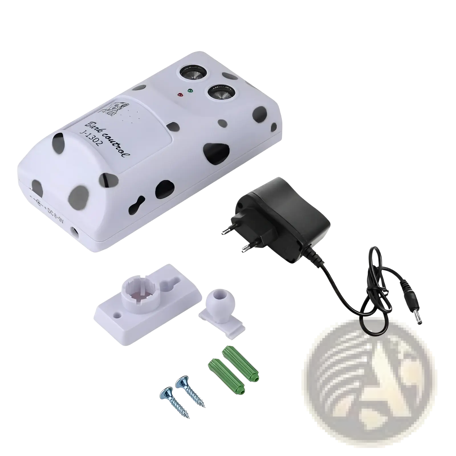 Anti bark device ultrasonic wall mount dog repeller in white with black polka dots and a small green led indicator