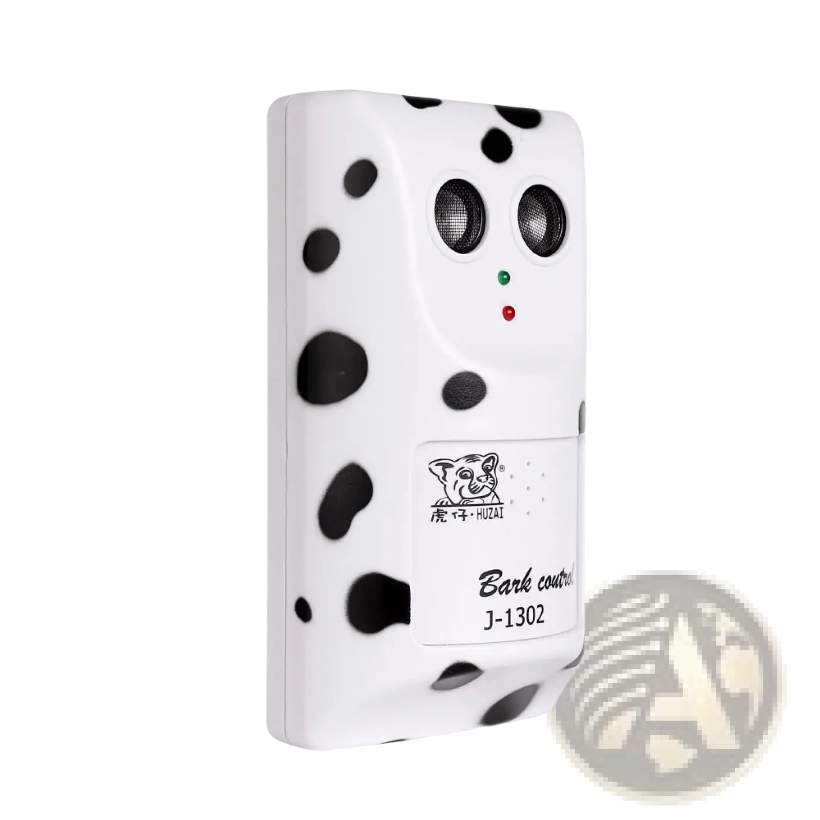 White and black spotted ultrasonic anti bark device j-1302 with two circular sensors and green red indicator lights