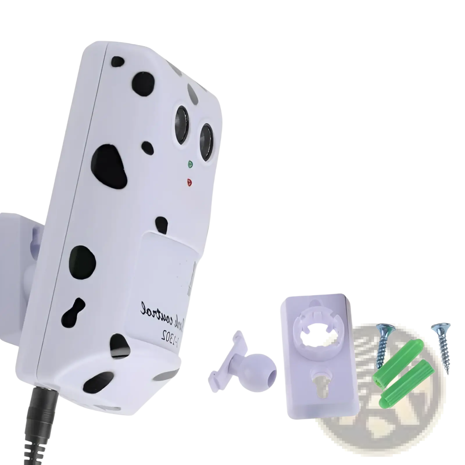 White dalmatian-patterned ultrasonic anti bark device with two lenses power cord and mounting hardware for wall use