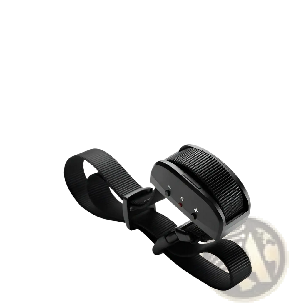 Black anti bark dog shock collar with adjustable strap and control panel showing sensitivity level indicators