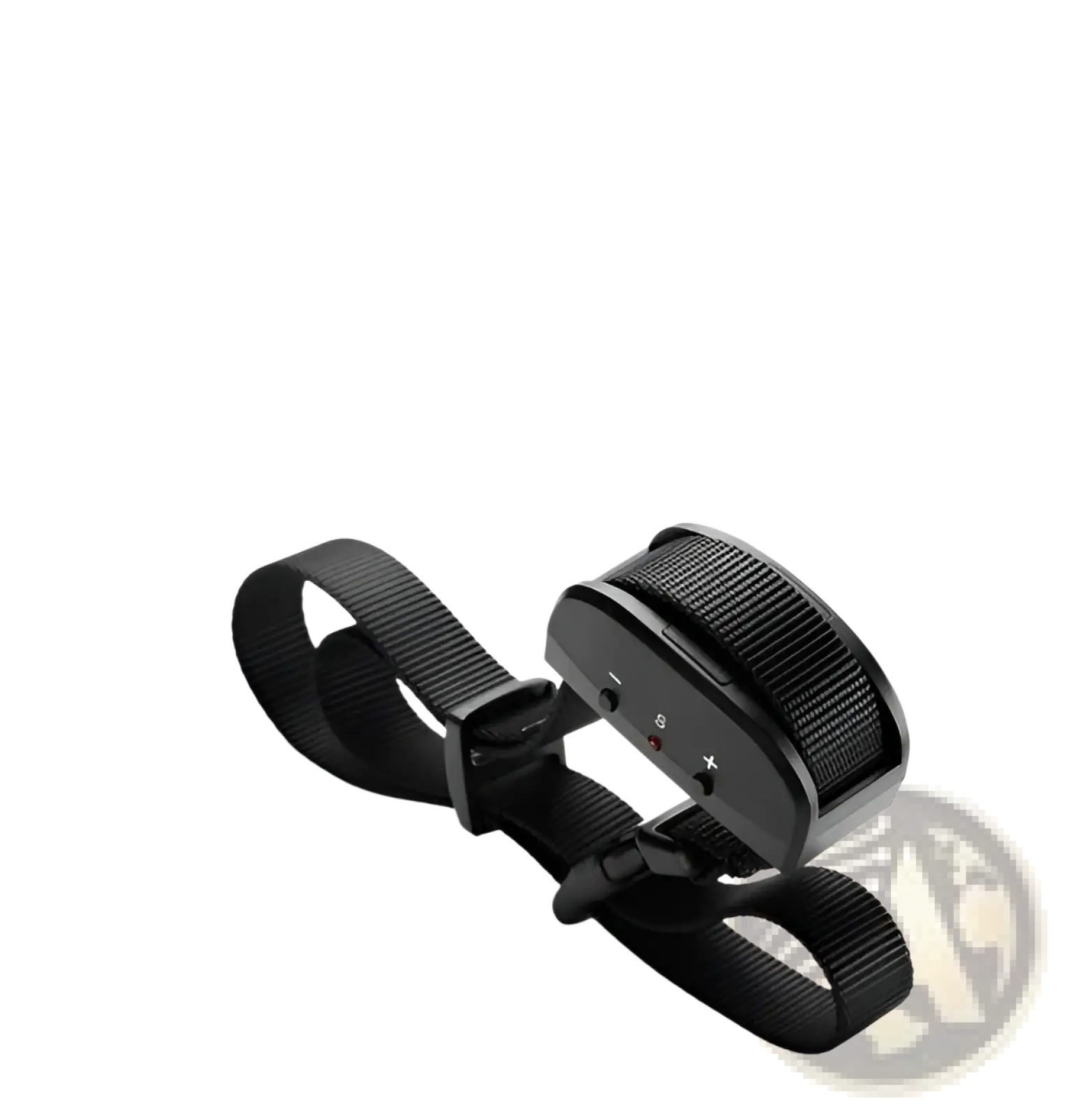 Black anti bark dog shock collar with adjustable strap and control panel showing sensitivity level indicators