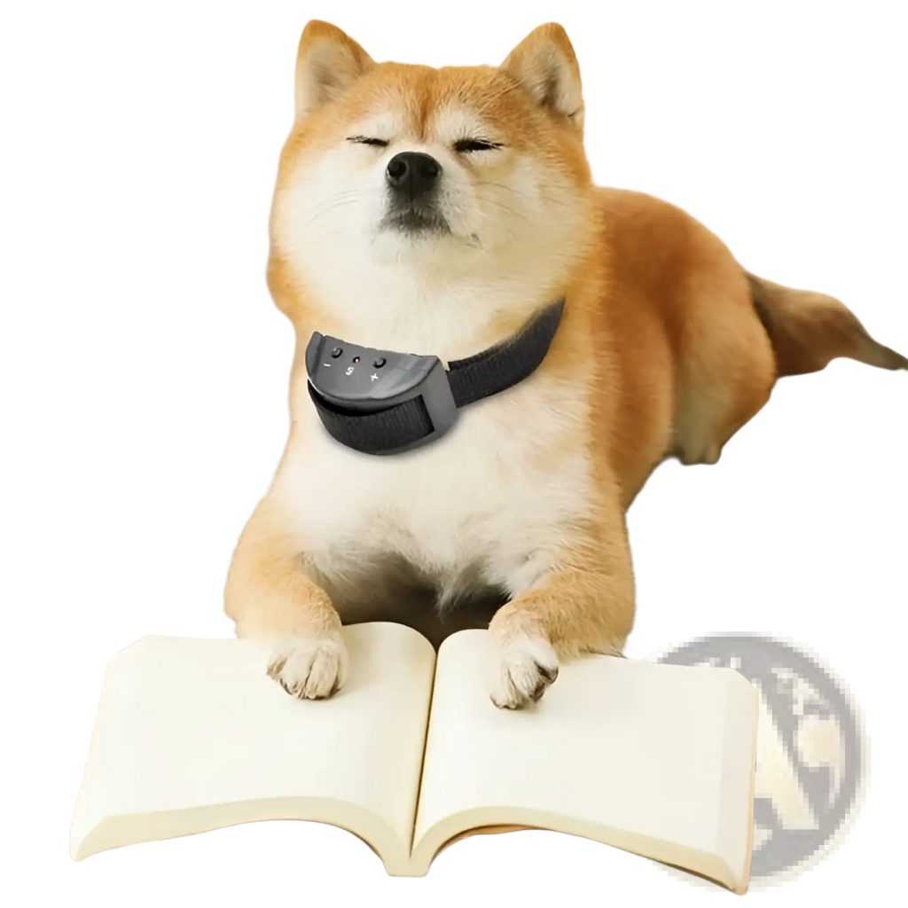 A black anti bark dog shock collar with sound and vibration features fitted on a fluffy orange-and-white shiba inu