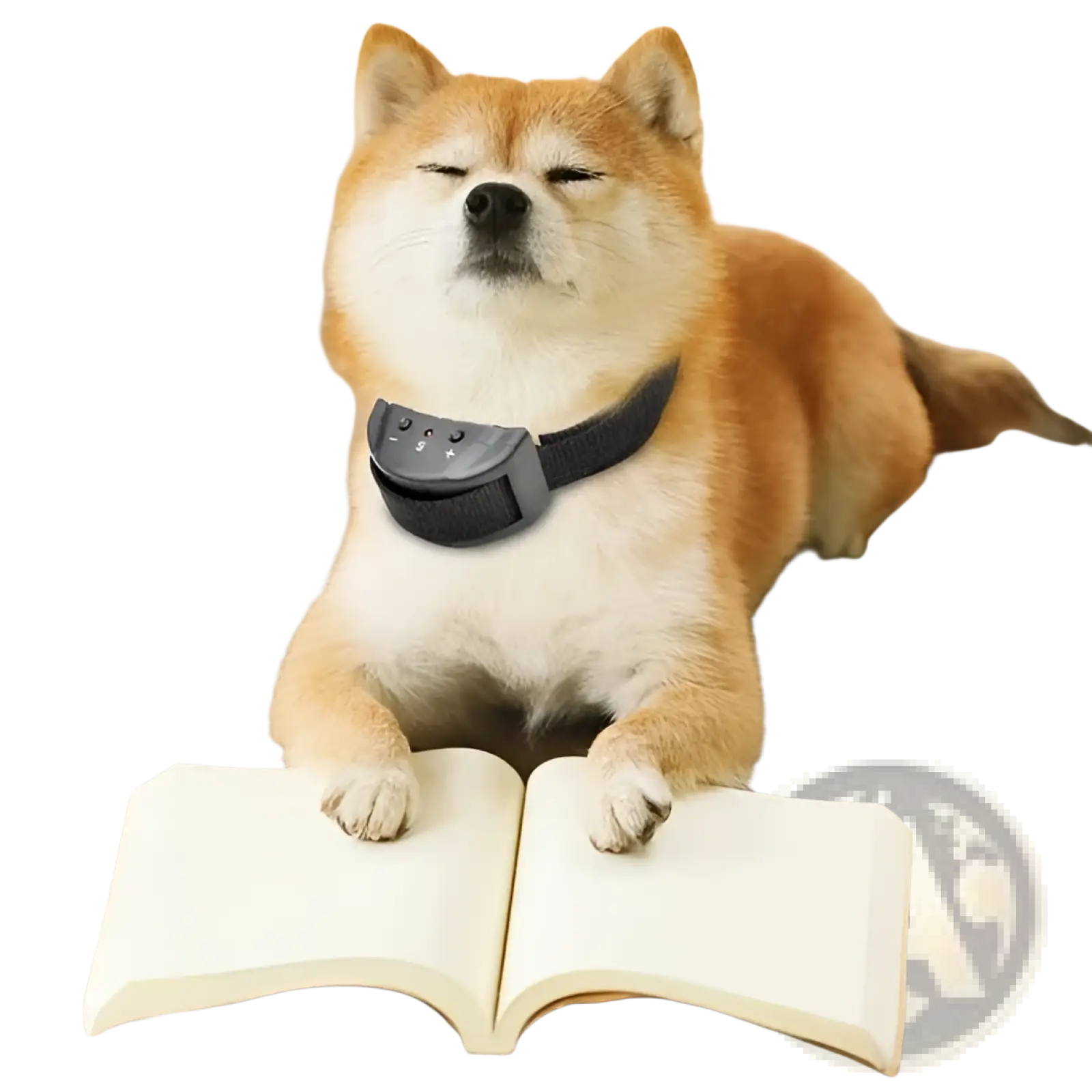 A black anti bark dog shock collar with sound and vibration features fitted on a fluffy orange-and-white shiba inu
