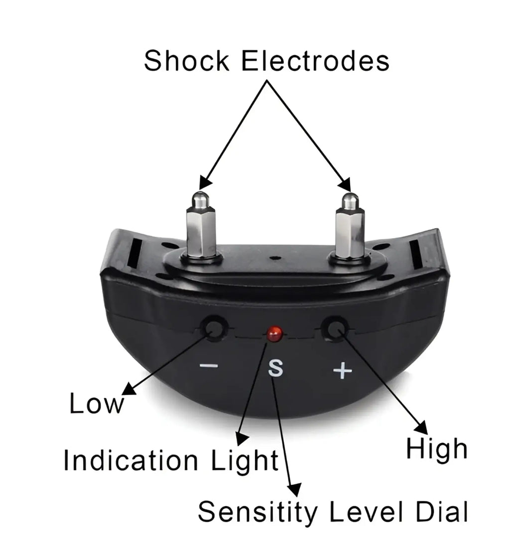 Black plastic anti bark dog shock collar with silver metal electrodes and labeled sensitivity dials for training