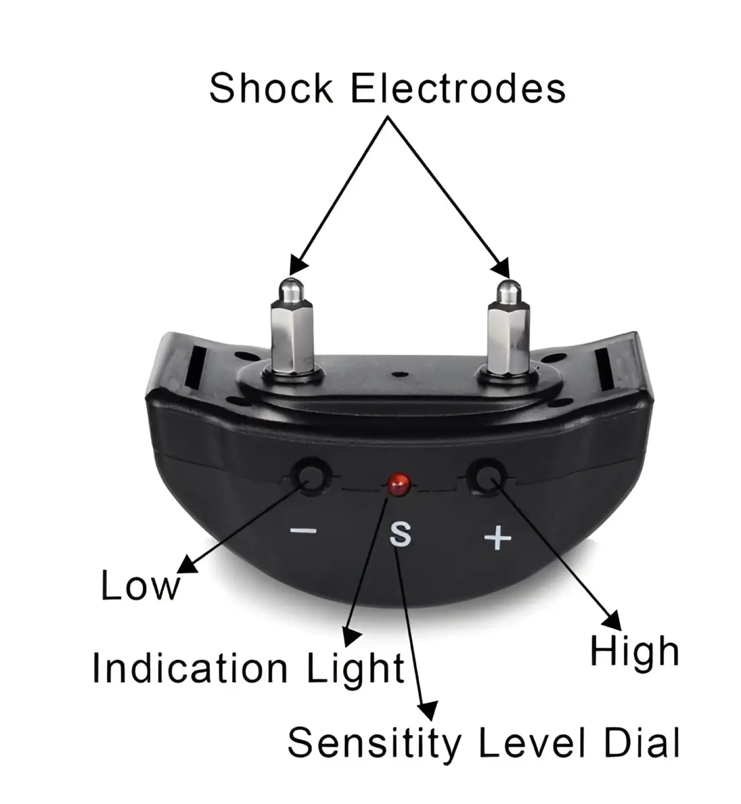 Black plastic anti bark dog shock collar with silver metal electrodes and labeled sensitivity dials for training