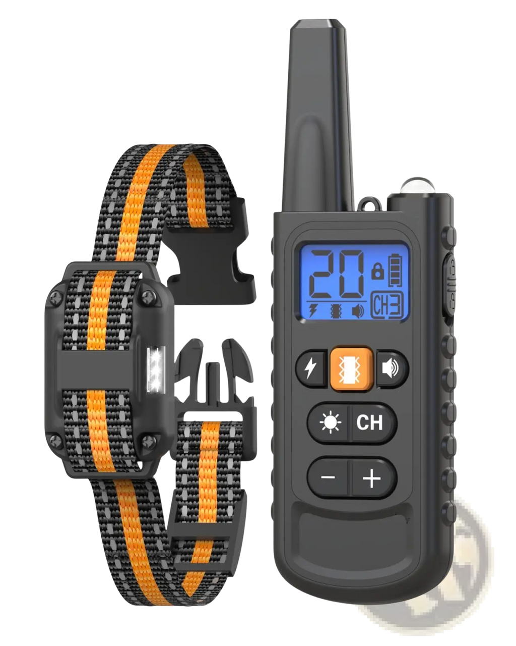 Black and orange anti bark dog training collar with remote featuring lcd screen showing channel 3 voltage 20v and function buttons
