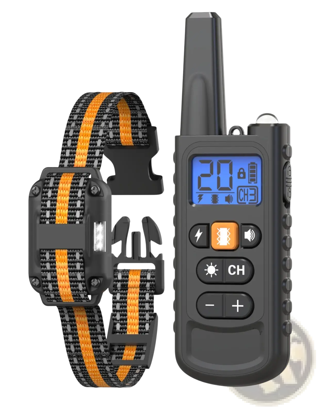 Black and orange anti bark dog training collar with remote featuring lcd screen showing channel 3 voltage 20v and function buttons